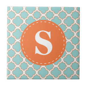 Quatrefoil Pattern Turquoise Oranje met Monogram Tegeltje