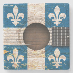 Quebec-vlag op oude akoestische gitaar stenen onderzetter