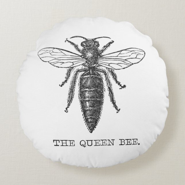 Queen Bee Bug Insect Antiek Illustratie Rond Kussen (Voorkant)