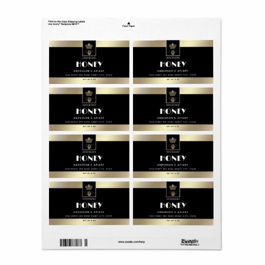 Queen bee goud minimalistische honing etiket (Full Sheet)