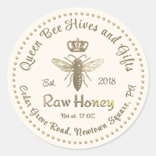 Queen Bee Honey Gold Crown Script Ivoor Ronde Sticker