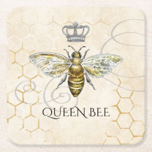 Queen Bee Royal Crown Honeycomb Beige Vierkante Kartonnen Onderzetter