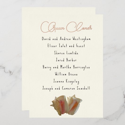 Queen Conch Seashell Guest List Table Seating Kaar Folie Uitnodiging (Voorkant / Achterkant)