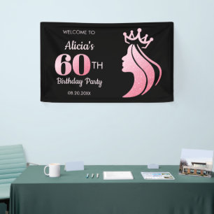 Queen Crown Roze Glitter Zwart 60ste verjaardag Spandoek