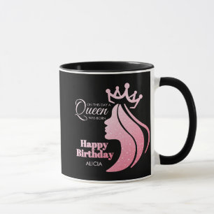 Queen Crown Roze Glitter Zwart Gelukkige Verjaarda Mok