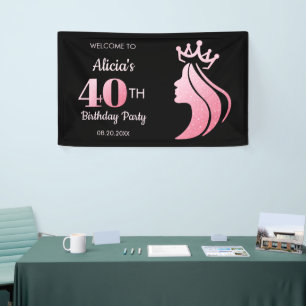 Queen Kroon Roze Glitter Zwart 40e Verjaardag Spandoek