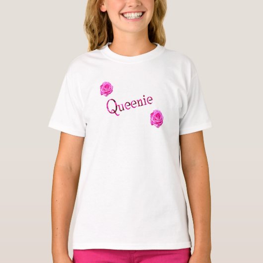 Queenie, naam, met roze rozen, t-shirt (Voorkant)