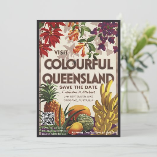 Queensland Bruiloft Reizen Poster Stijl QR Code Save The Date (Staand voorkant)