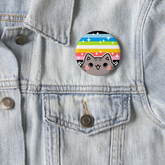 Queer LGBT Pride Flag Cat Button (In situ)