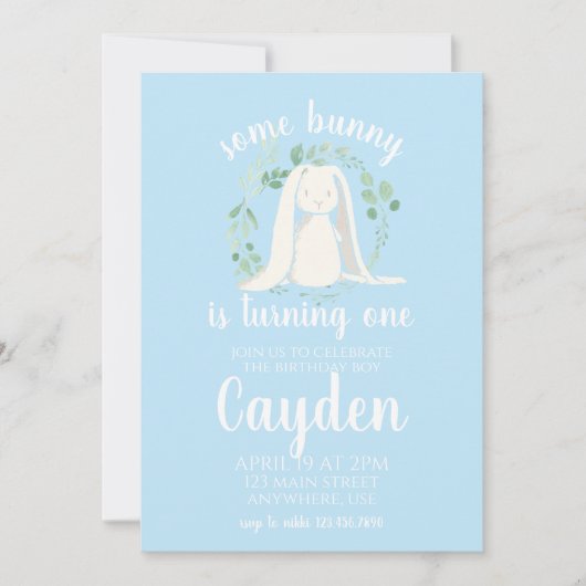 Quelques Bunny Birthday Invitation bleu plaid (Devant)