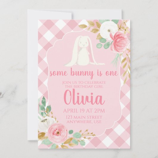 Quelques Bunny Invitation Anniversaire floral et r (Devant)