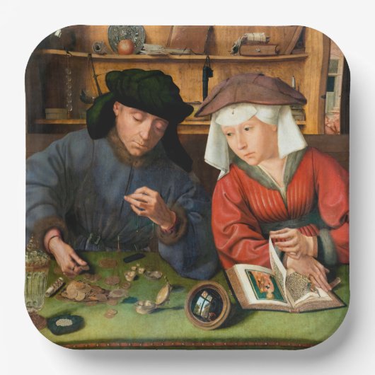 Quentin Matsys - de Moneylender en zijn vrouw Papieren Bordje (Voorkant)