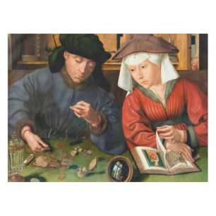 Quentin Matsys - de Moneylender en zijn vrouw Tafelkleed
