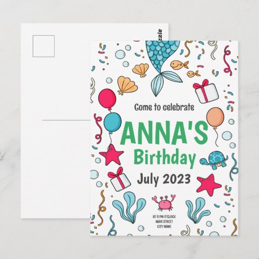 Queue de sirène mignonne, Invitation d'anniversair (Devant / Derrière)