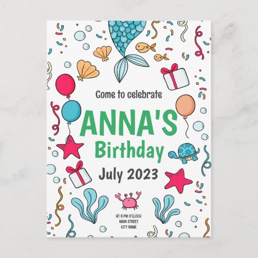 Queue de sirène mignonne, Invitation d'anniversair (Devant)