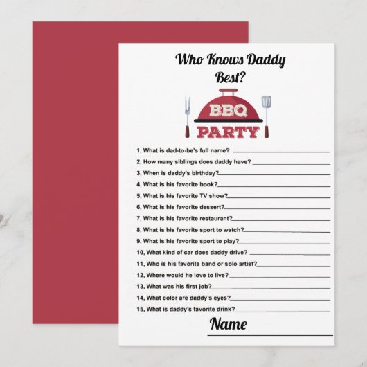 Qui Connaît Daddy Meilleure Carte Baby shower BBQ (Devant / Derrière)