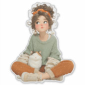 Quiet Daydream Girl & Cat – Premium Art Sticker (Devant)