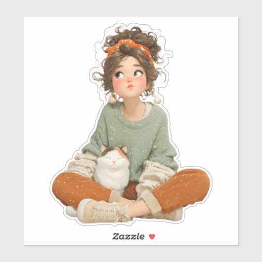 Quiet Daydream Girl & Cat – Premium Art Sticker (Feuille)