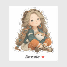 Quiet Moment Girl & Cat – Premium Art Sticker