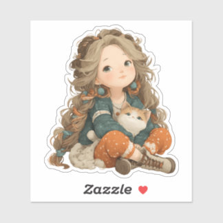 Quiet Moment Girl & Cat – Premium Art Sticker