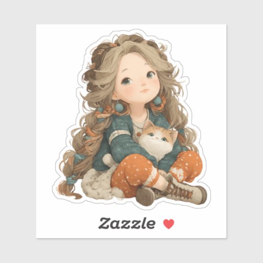 Quiet Moment Girl & Cat – Premium Art Sticker (Feuille)