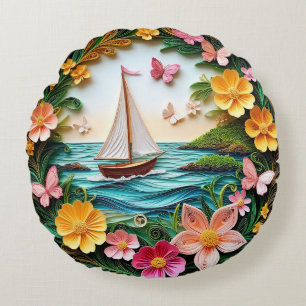 Quilled Natuur Scene met Zeilboot Rond Kussen