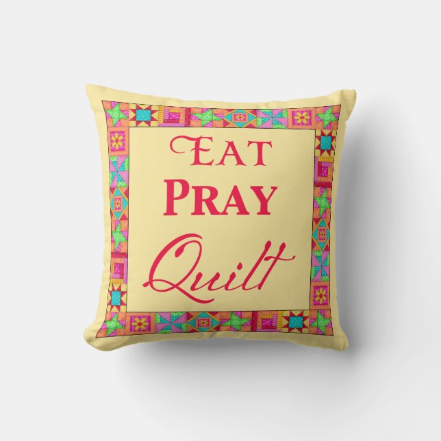 Quilt Blocks Patchwork Art Eat Pray Quilt Geel Kussen (Voorkant)