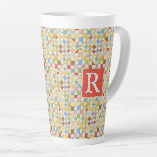 QUILT MOZAÏEK hoge latte Mok + tekst / rood (Rechterhoek)