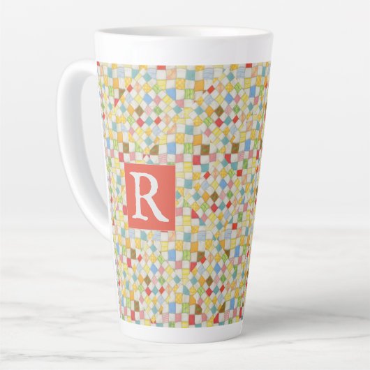 QUILT MOZAÏEK hoge latte Mok + tekst / rood (Linkerhoek)