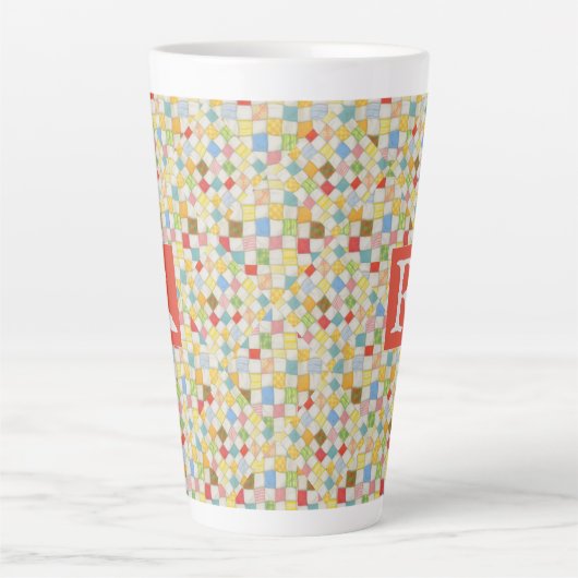 QUILT MOZAÏEK hoge latte Mok + tekst / rood (Voorkant)