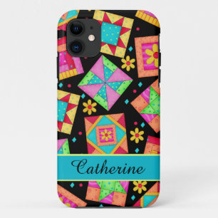 Quilt Patchwork Block Art op Black Custom Name iPhone 11 Hoesje
