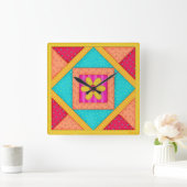 Quilt Red Turquoise Block Wall Clock Vierkante Klok (Huis)