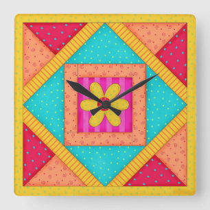 Quilt Red Turquoise Block Wall Clock Vierkante Klok