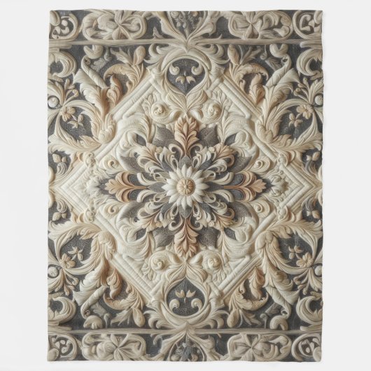 Quilted Crème Grijs Sierlijke Arabesk Fleece Deken (Voorkant)