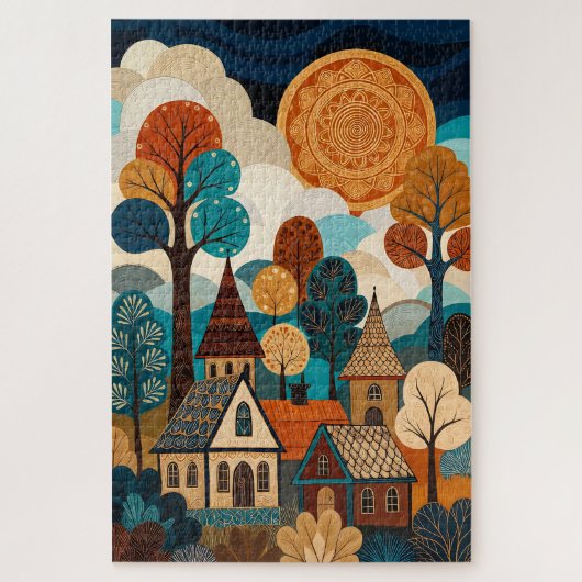 Quilted Folk Art Village - Patchwork Sun & Trees L Legpuzzel (Verticaal)