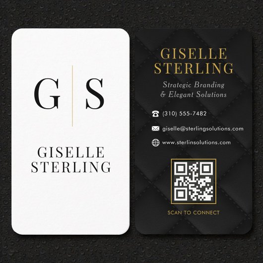Quilted Luxury Black White Gold Monogram QR Code Visitekaartje