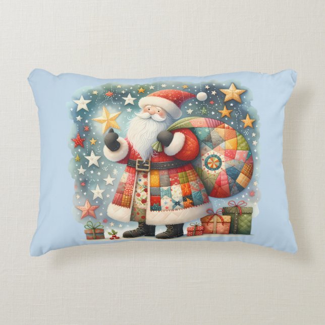 Quilted Patchwork Kerstman met Kerststerren Accent Kussen (Voorkant)