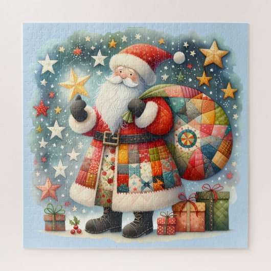 Quilted Patchwork Kerstman met Kerststerren Legpuzzel (Verticaal)