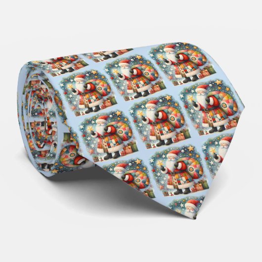 Quilted Patchwork Kerstman met Kerststerren Stropdas (Opgerold)