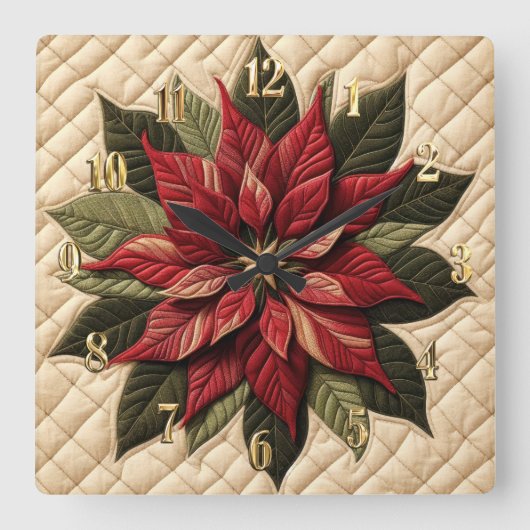 Quilted Pattern Poinsettia Cream Vierkante Klok (Voorkant)