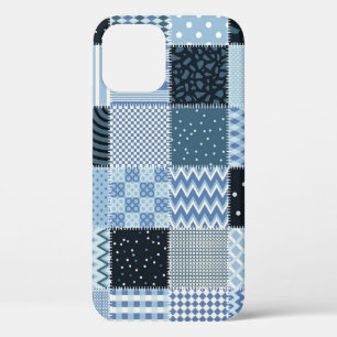 Quiltontwerp, geometrische patchwork, blauwe tinte iPhone 12 hoesje