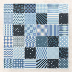 Quiltontwerp, geometrische patchwork, blauwe tinte glazen onderzetter