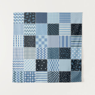 Quiltontwerp, geometrische patchwork, blauwe tinte wandkleed