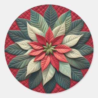 Quiltpatroon Poinsettia rood Ronde Sticker