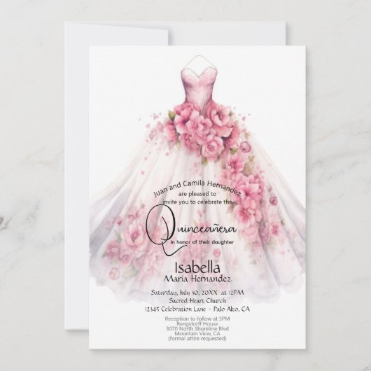 Quincañera | roze bloemjurk kaart (Voorkant)