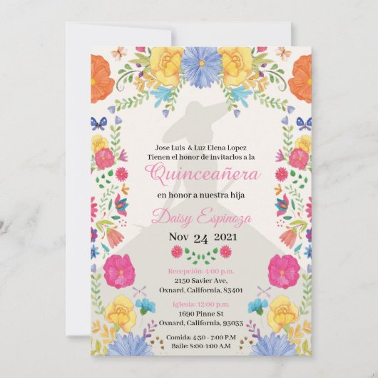 Quinceañera Invitation multi color, flowers (Voorkant)