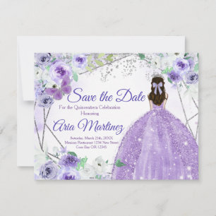 Quinceañera 15 Anos Silver & Paars Save the Date Bedankkaart