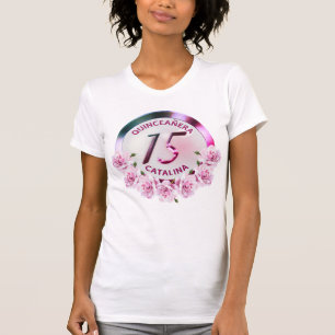 Quinceanera 15 Birthday Pink Faux Metallic Floral T-shirt