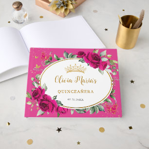 Quinceanera 15 Fuchsia Roze Bloem Vlinder Goud Gastenboek