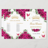 Quinceañera 15 Fuchsia Roze Bloemen Goud Programma (Voorkant / Achterkant)